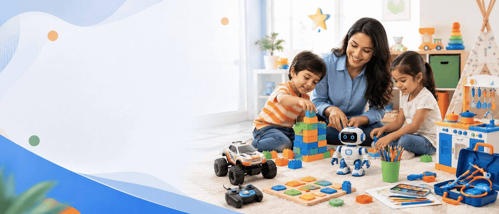 A mother and two children playing together with toys