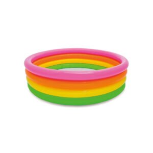 Intex colorful 4-ring inflatable swimming pool for kids in pink, orange, yellow and green.