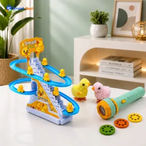 Small Duck battery operated stair climbing toy with music lights and mini duckling racers