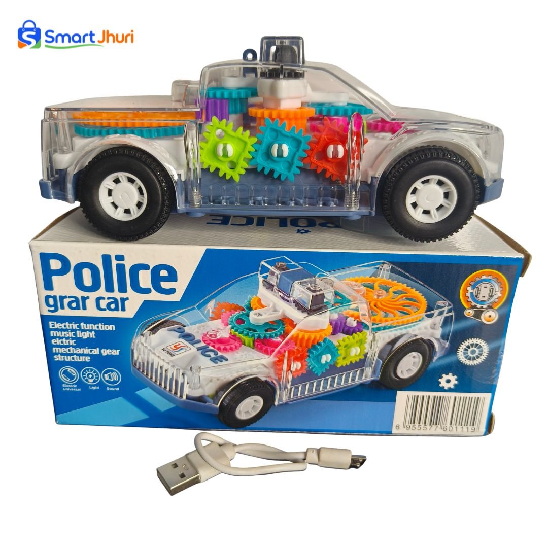 Gear police car toy with transparent body showing moving mechanical gears