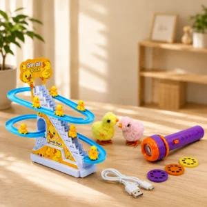 Small Duck climbing stairs toy with yellow ducklings sliding down blue track and colorful lights